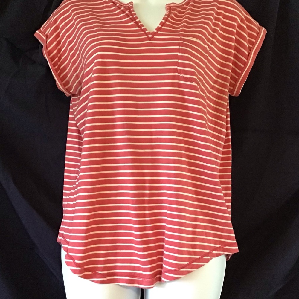 Vintage Chaps Denim White Striped Orange Coral Top Cap Sleeves S Small P CH